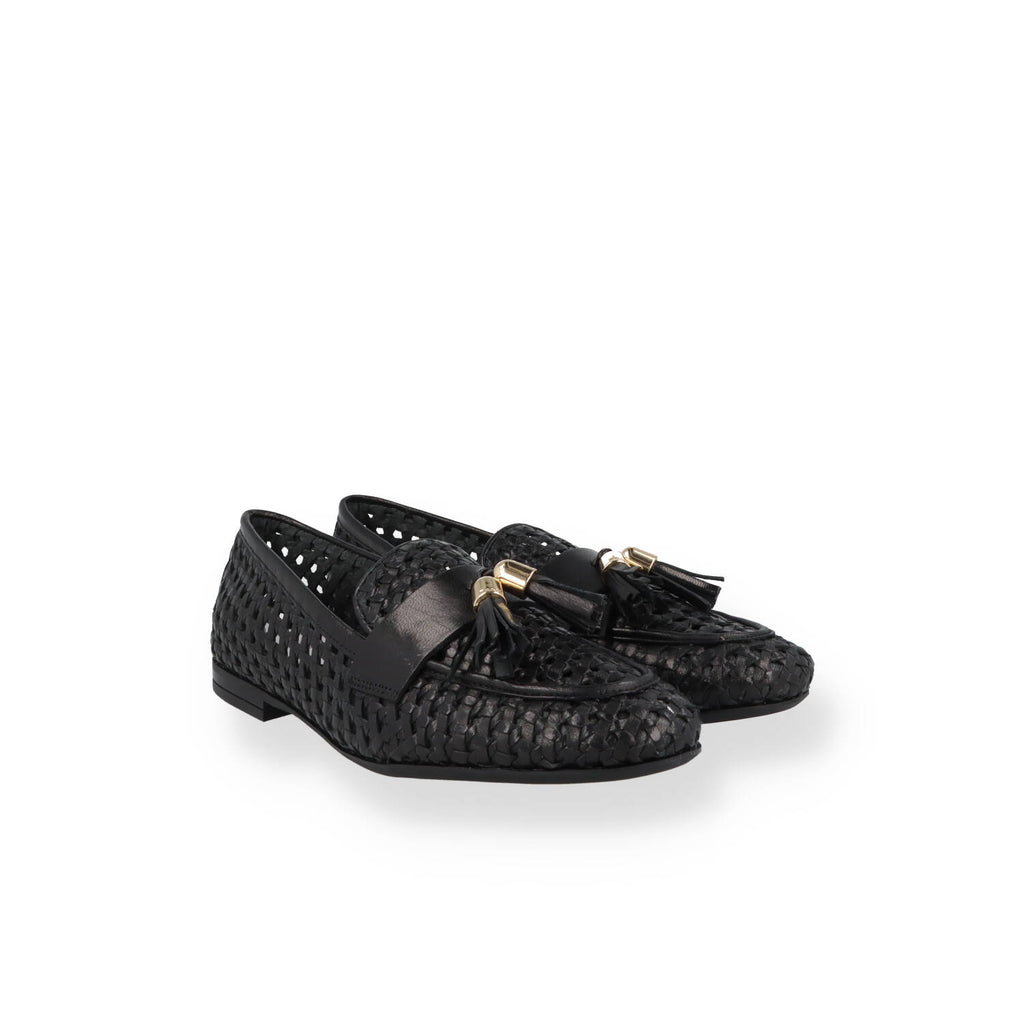 Mocassino in pelle intrecciata con nappine Donna