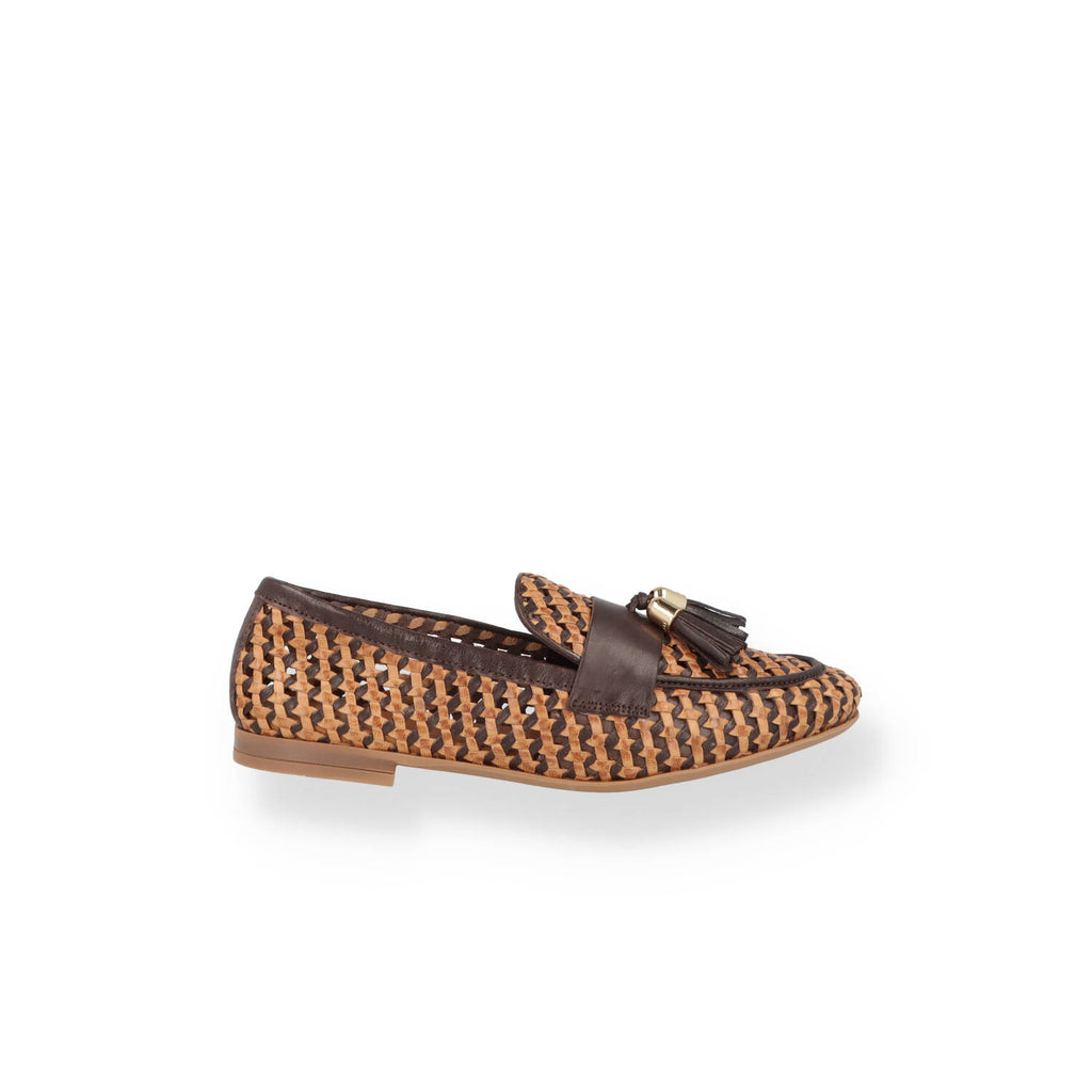 Mocassino in pelle intrecciata con nappine Donna