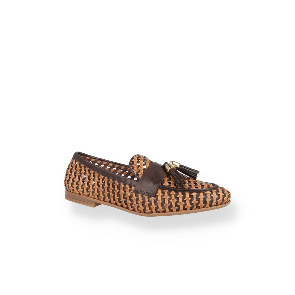 Mocassino in pelle intrecciata con nappine Donna