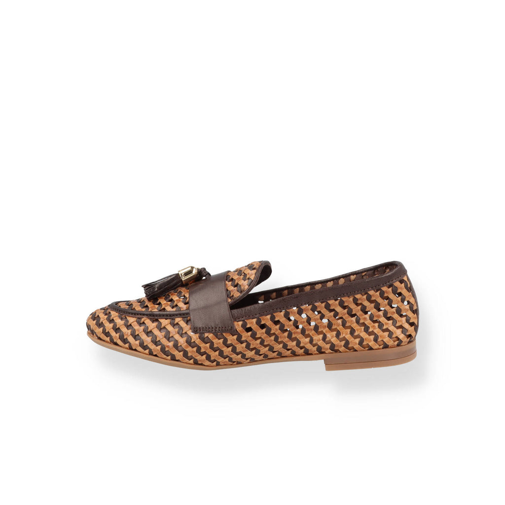 Mocassino in pelle intrecciata con nappine Donna