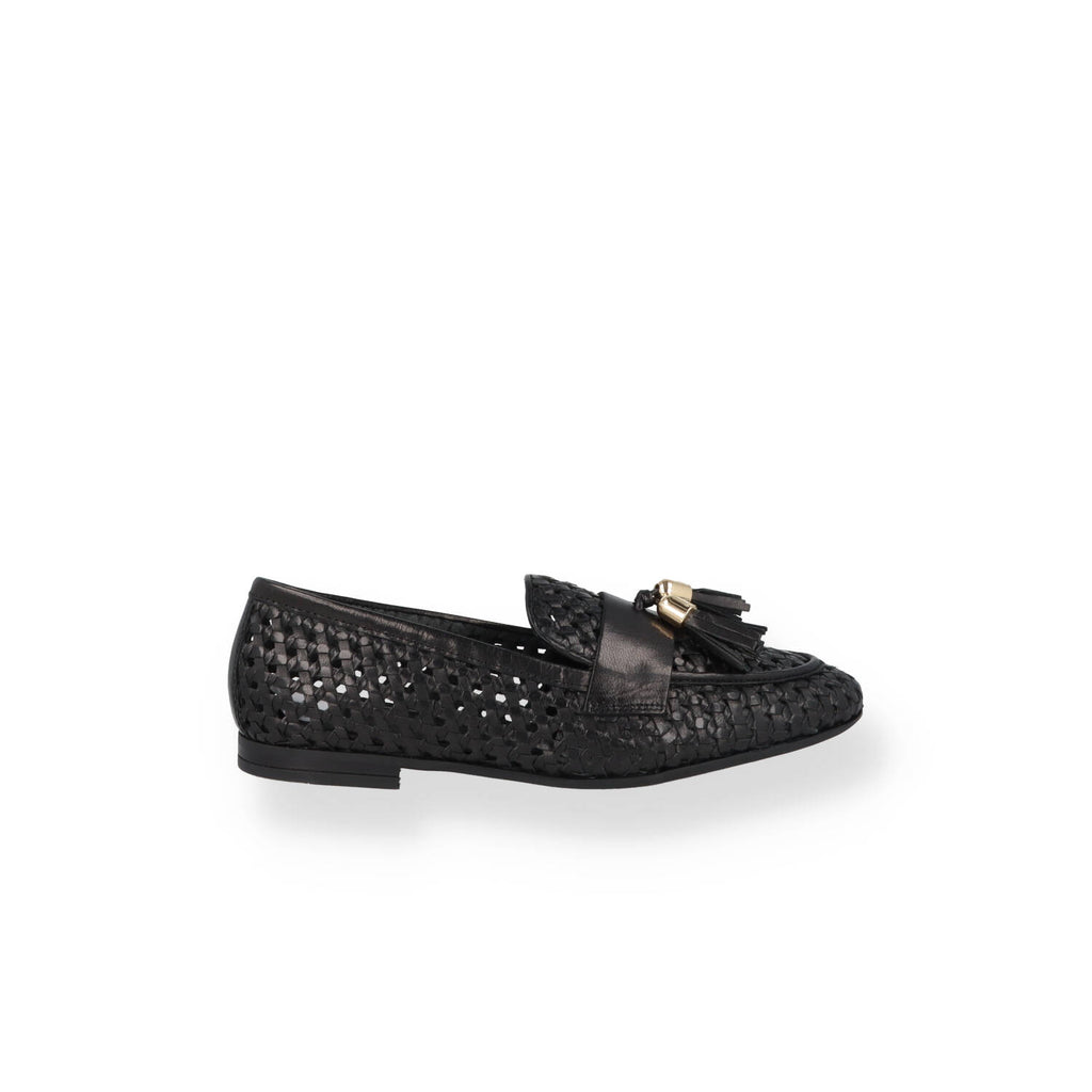 Mocassino in pelle intrecciata con nappine Donna